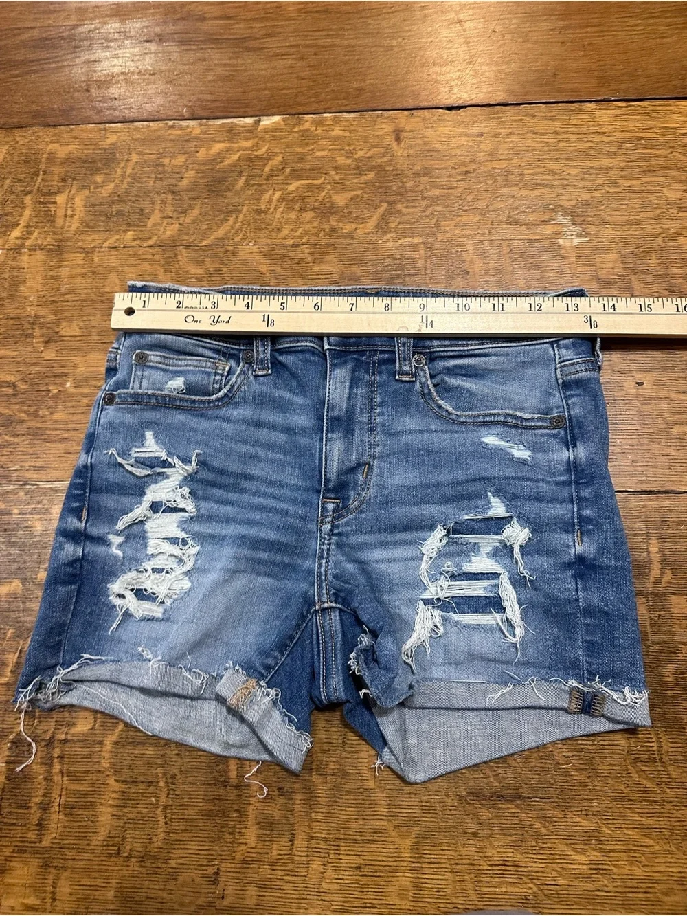 American Eagle Outfitters high‎ rise shortie sz 2 Distressed Blue Denim Shorts